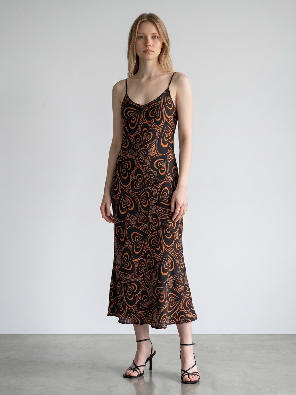 Lisa Says Gah Wild Hearts Midi Slip Dress Size XS Black Orange Casual Evening - Picture 2 of 12